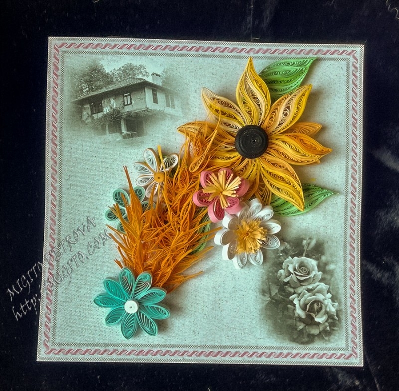 Фолклорна картичка със стара къща и рози квилинг ръчна изработка