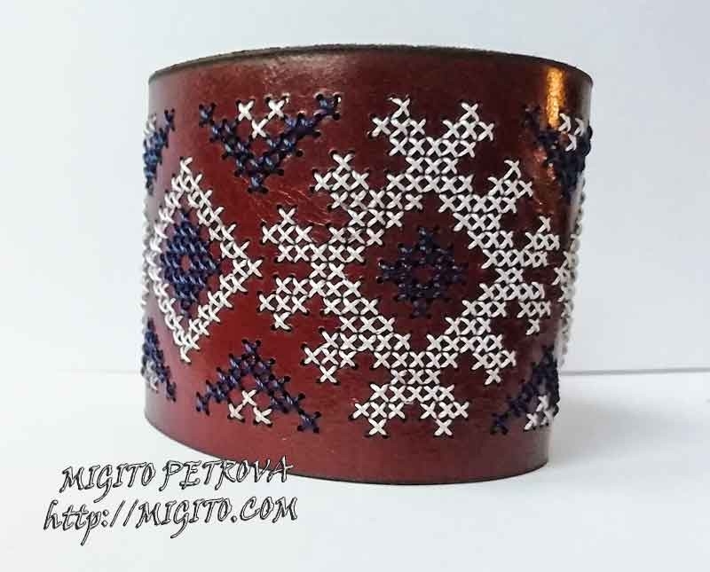 Ръчно изаработена гривна от кафява естествена кожа с шевица