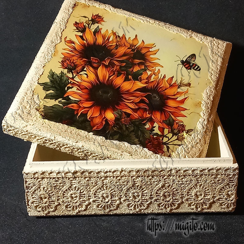 Decoupage box with stone lace and sunflowers