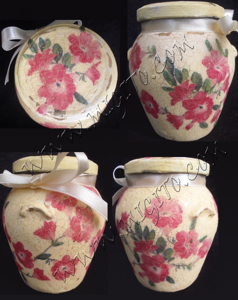 Jar with red flowers with decoupage